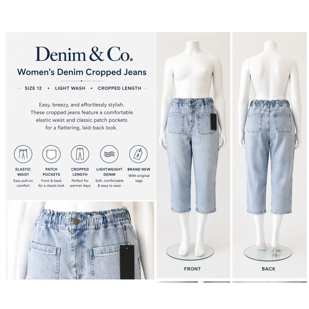 Denim & Co Womens Size 12 Light Wash Cropped Jeans Elastic Waist Patch Pockets